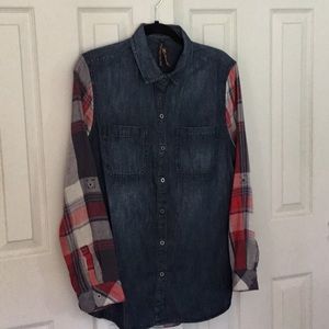 Seven7 denim and plaid shirt. L